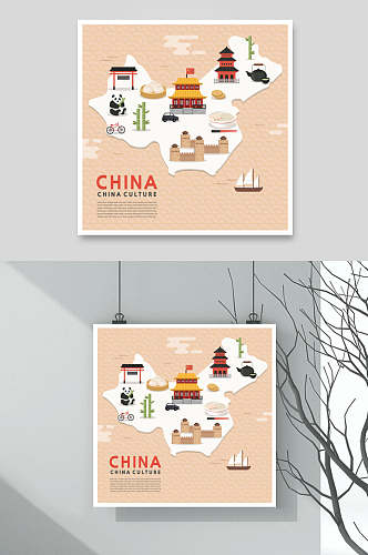时尚中国旅游景点扁平化传统手绘矢量素材