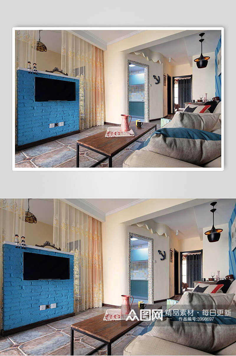 深蓝色背景墙客厅地中海二居室图片素材