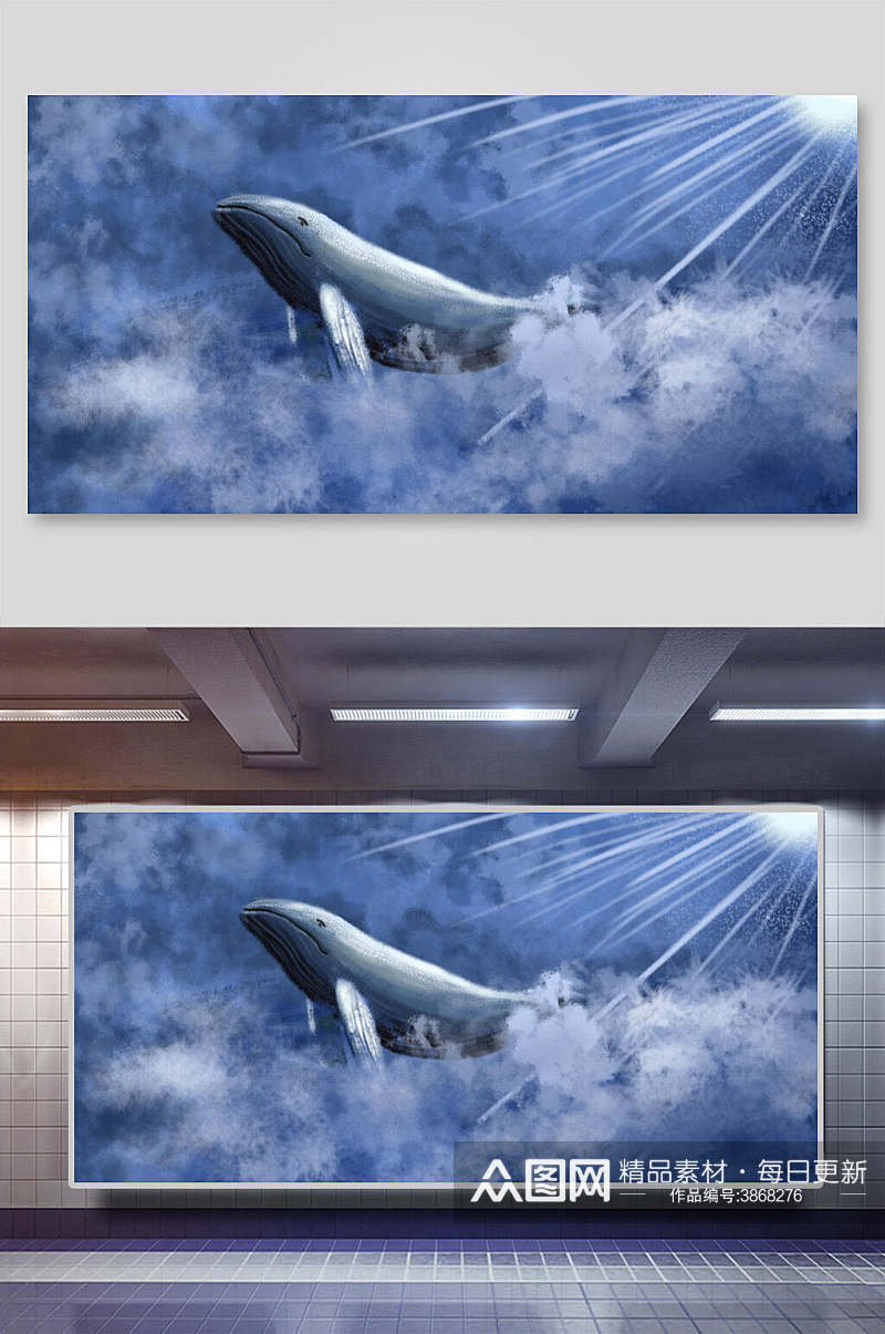 光束鲸鱼梦幻唯美手绘插画素材