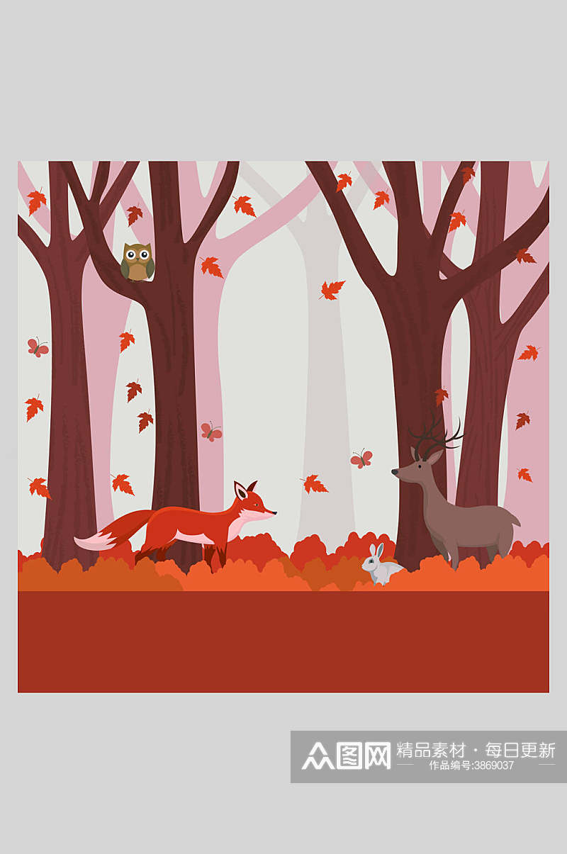 红色狐狸卡通绿色矢量森林插画素材