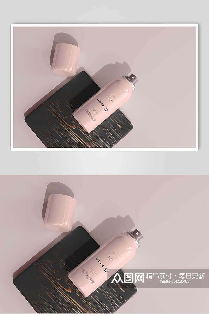 木板花纹粉色化妆品喷雾瓶样机素材