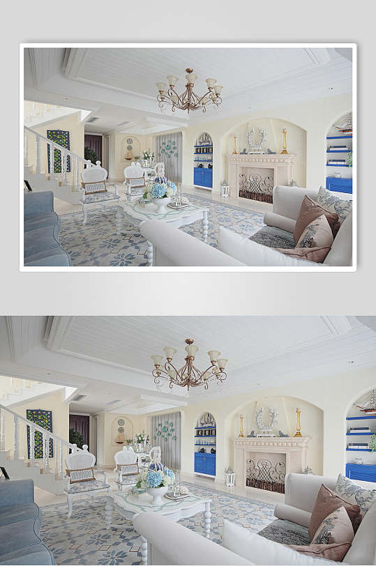 蓝色花纹地板拱形造型客厅设计图片