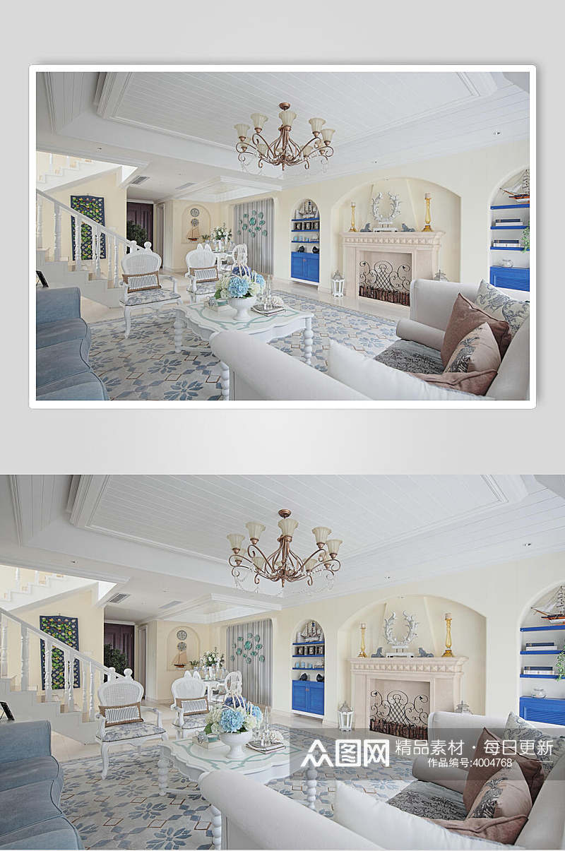 蓝色花纹地板拱形造型客厅设计图片素材