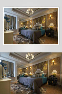 床铺吊灯创意高端新中式二居室图片