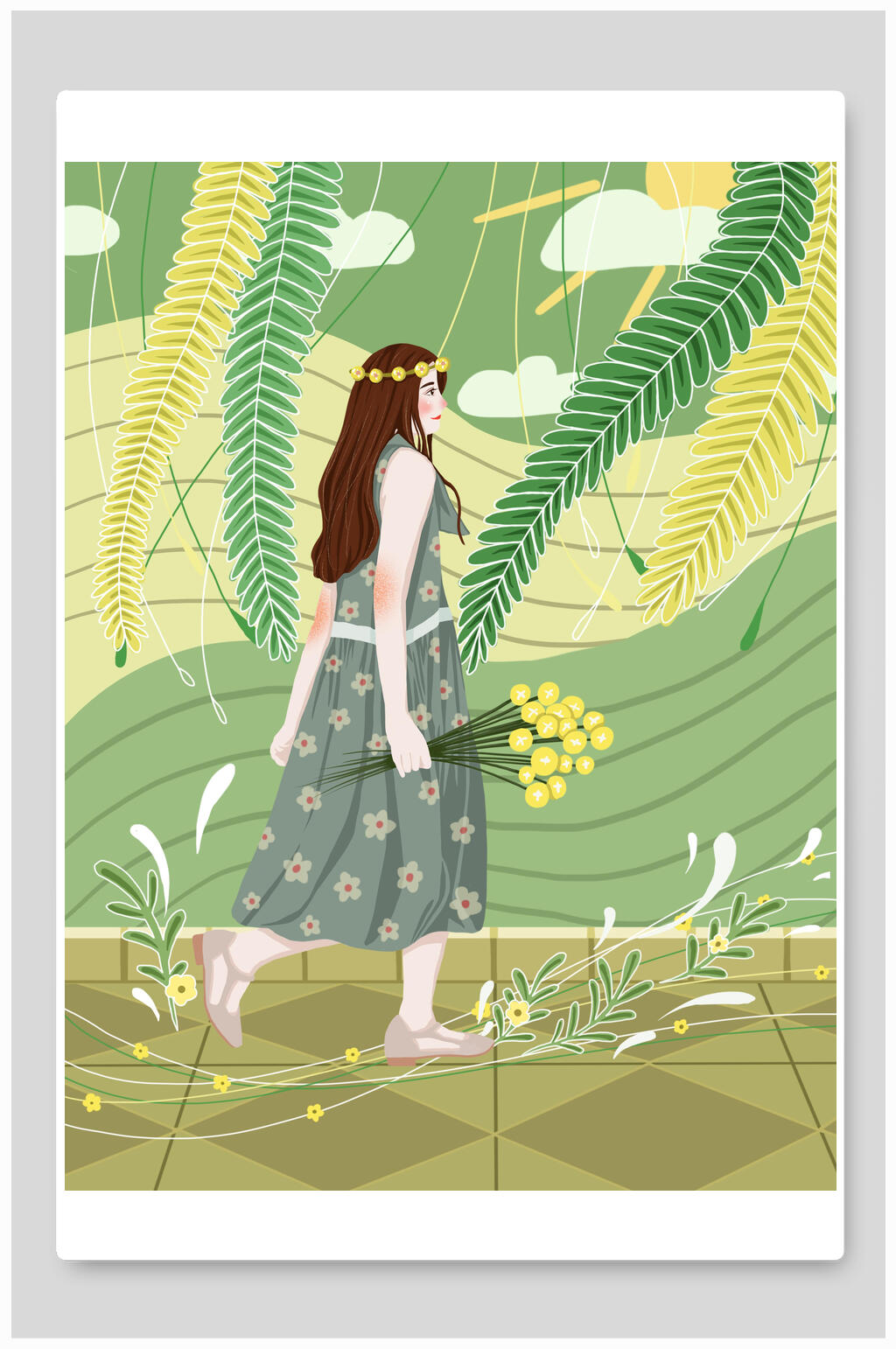 绿色花束女孩大暑节气插画素材