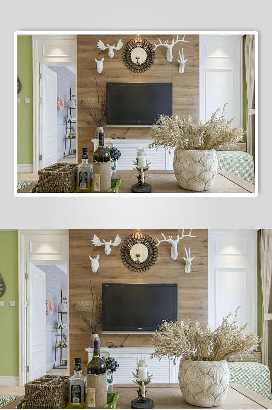 酒瓶鹿头装饰干花电视背景墙设计图片
