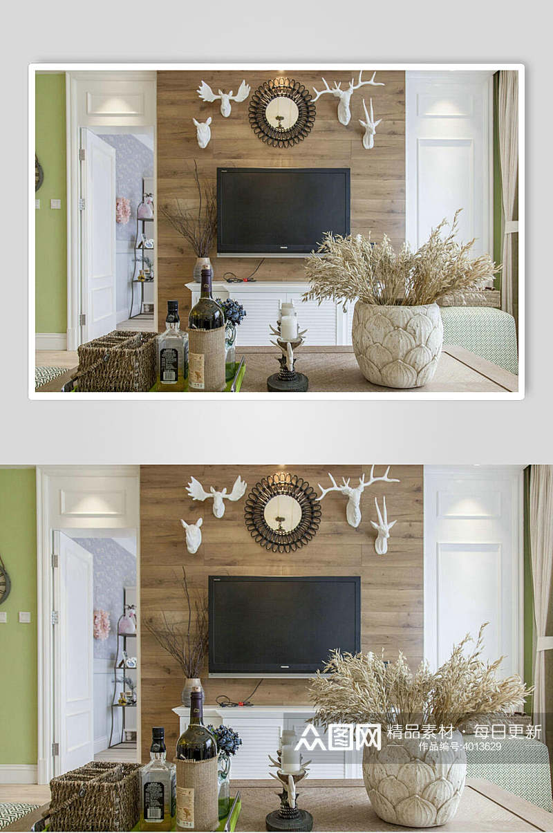 酒瓶鹿头装饰干花电视背景墙设计图片素材