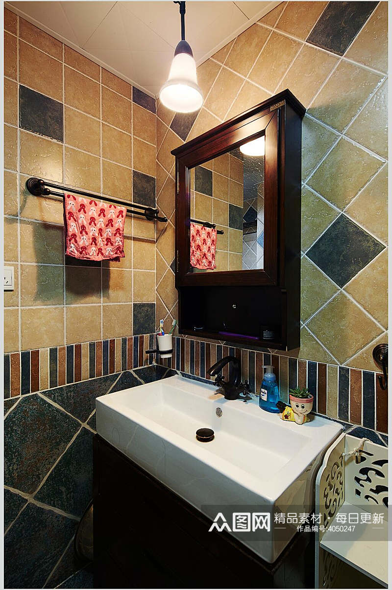 仿古砖墙砖木质卫浴柜洗手间田园图片素材