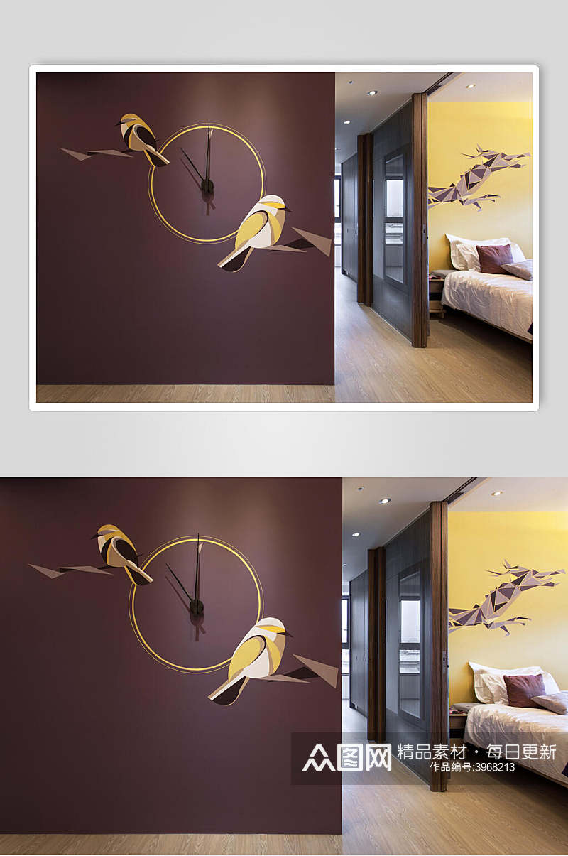 褐色小鸟图案时钟简约台式二居室图片素材