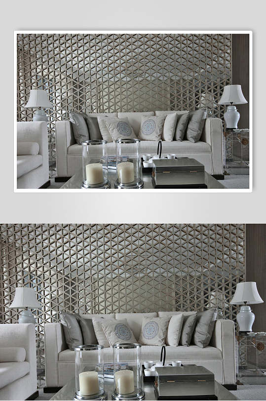 纯灰色沙发条纹框新中式大户图片