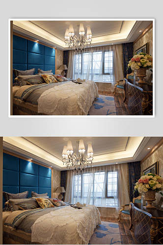 蓝色软包卧室美式二居室图片