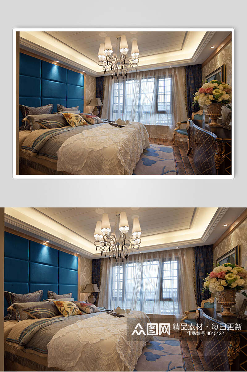 蓝色软包卧室美式二居室图片素材
