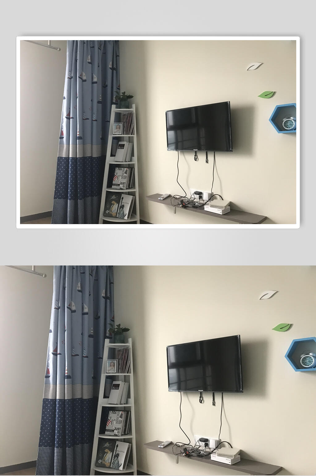 蓝色窗帘迷你公寓图片素材