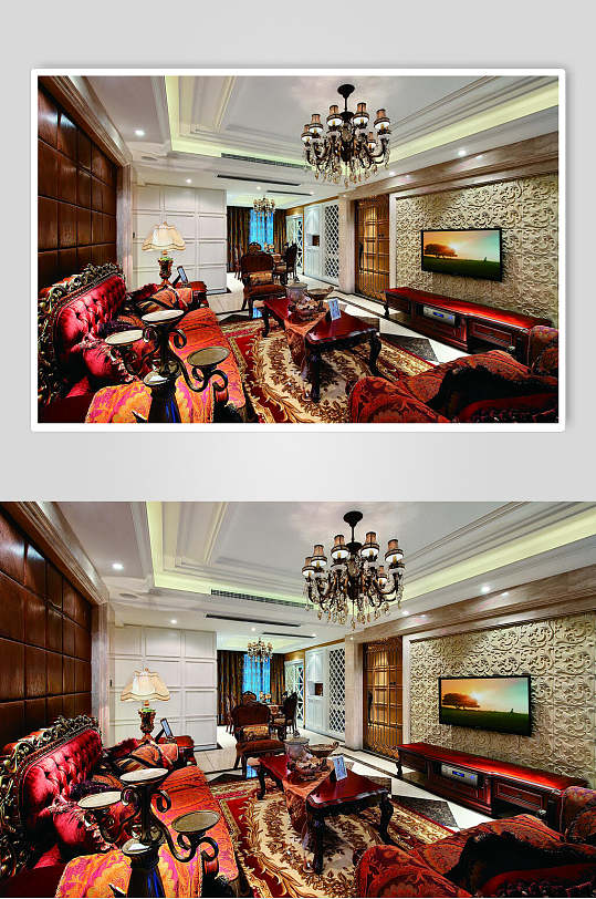 电视吊灯高端创意红黄客厅设计图片