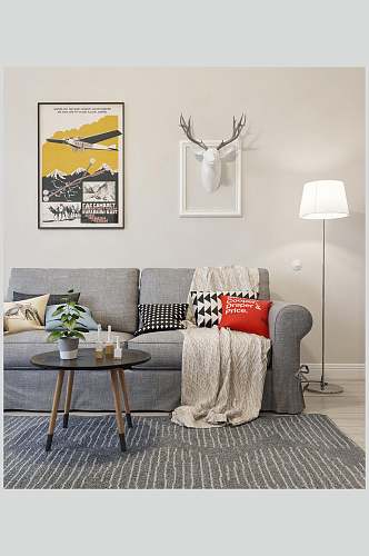 简约大气地毯画鹿头北欧二居室图片