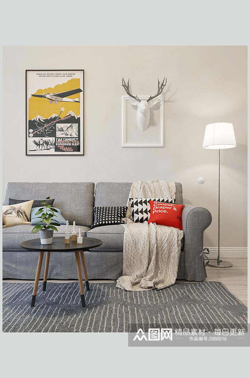 简约大气地毯画鹿头北欧二居室图片素材