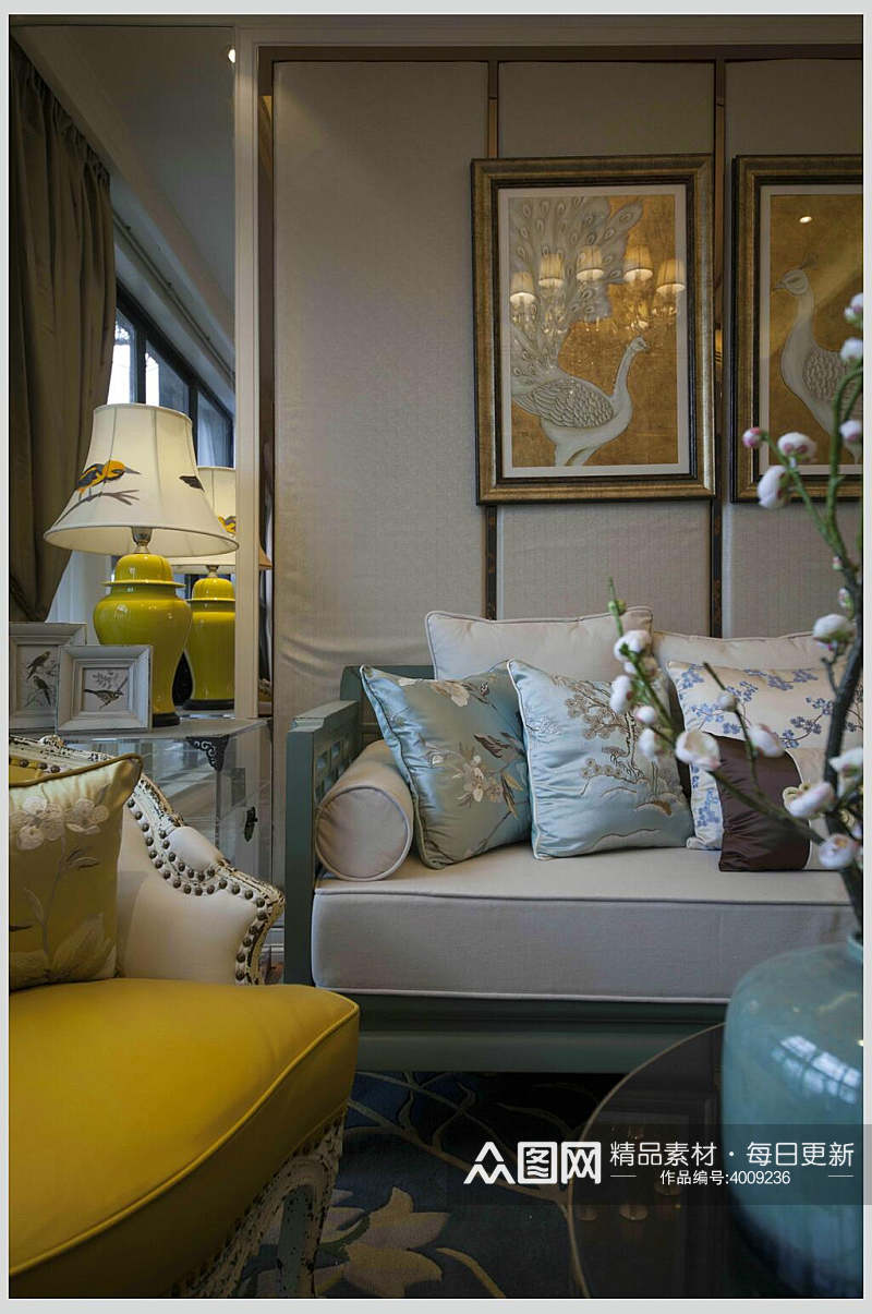 白色欧式沙发新中式二居室图片素材