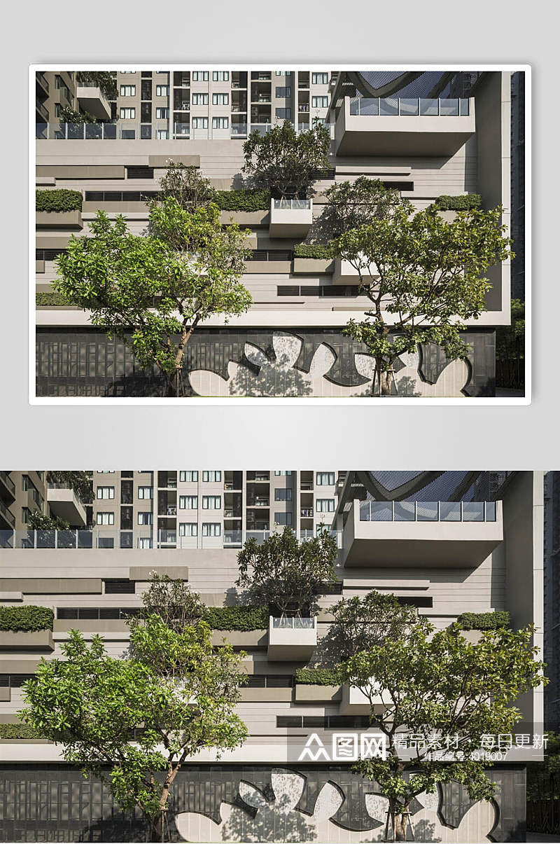 树木高端创意高楼窗户露台设计图片素材