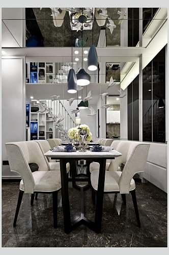 高端创意桌椅花朵吊灯餐厅装修图片