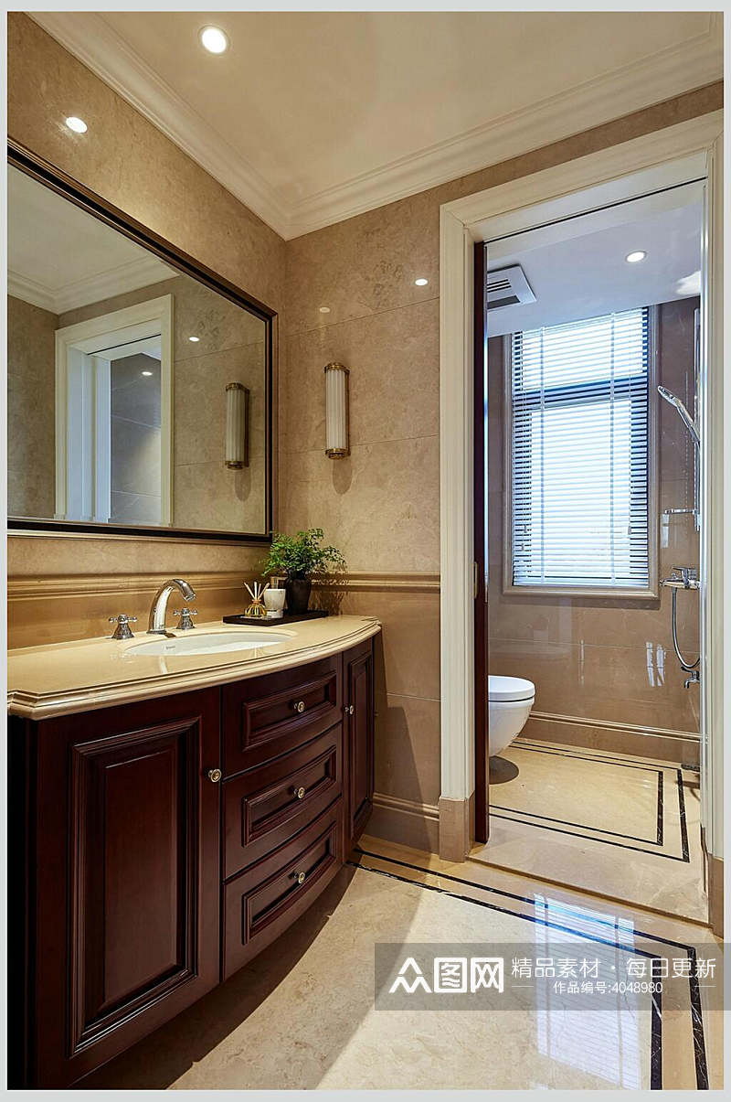 酒红色卫浴柜复式跃层室内设计图片素材