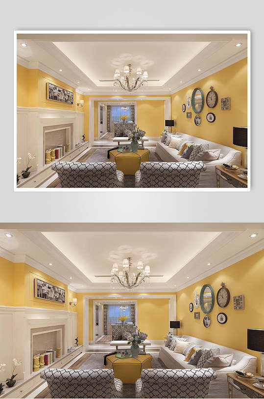 暖黄色墙面布艺沙发美式三居图片