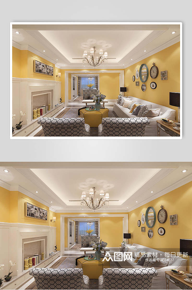 暖黄色墙面布艺沙发美式三居图片素材