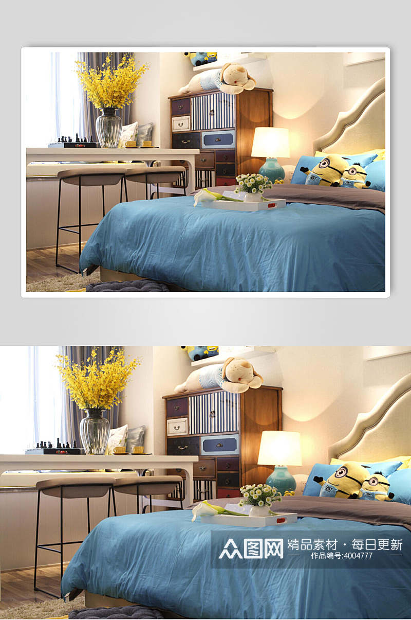 小黄人蓝色系儿童房小户型室内设计图片素材
