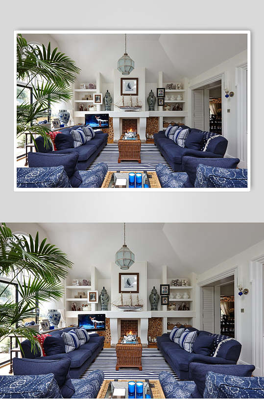深蓝色沙发植物电视背景墙设计图片