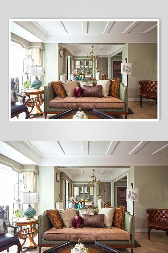 造型吊顶深色系布艺沙发美式三居图片