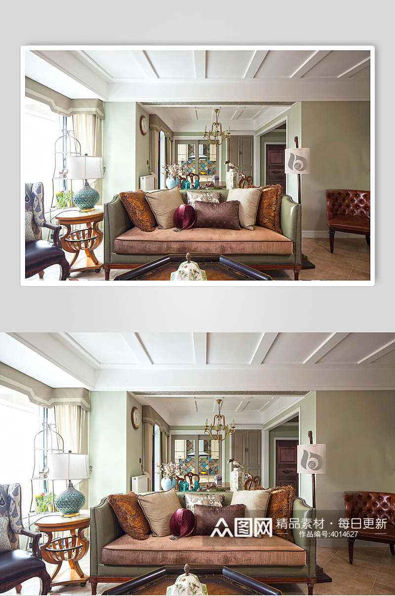 造型吊顶深色系布艺沙发美式三居图片素材
