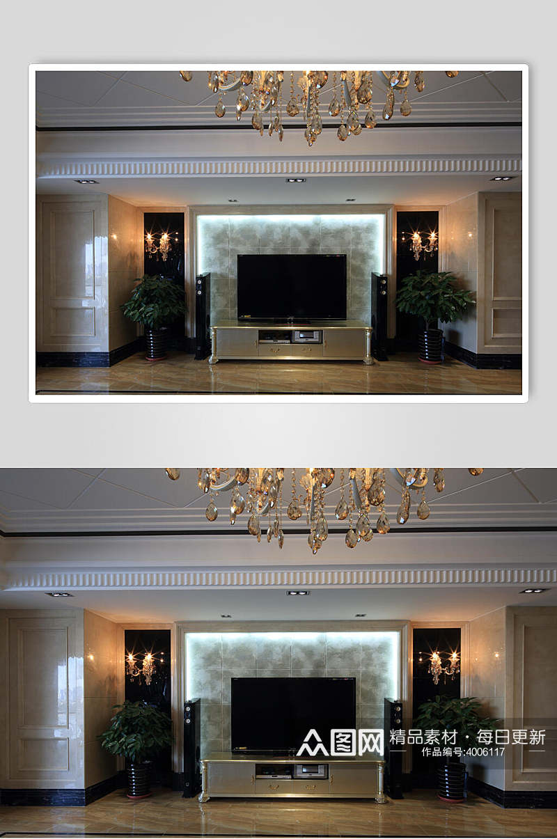 吊灯植物电视高端创意客厅设计图片素材