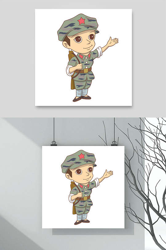 手绘星星可爱创意绿士兵解放军素材