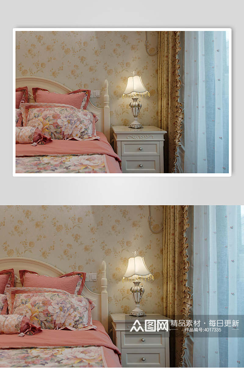 粉色被单碎花壁纸温馨美式风别墅图片素材