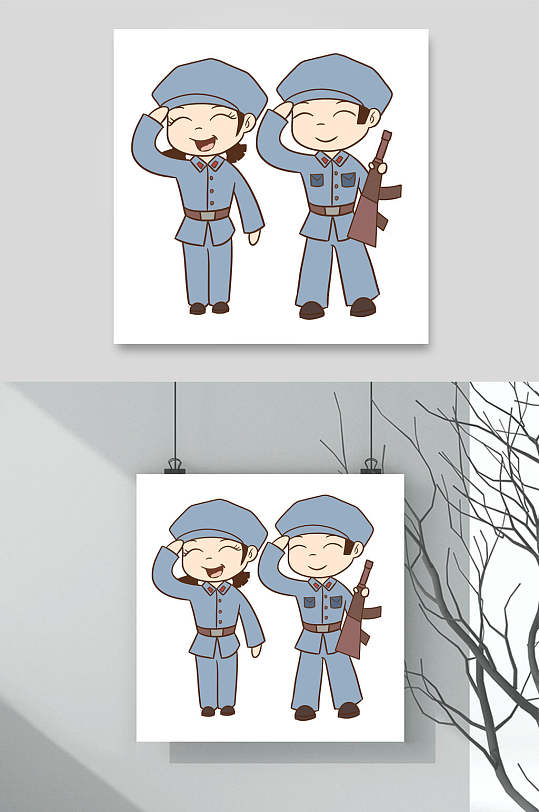 蓝色手绘可爱男女士兵解放军素材