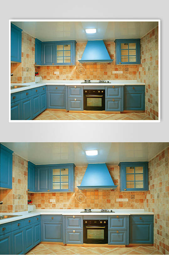 蓝色柜子吊顶藏灯厨房装修图片