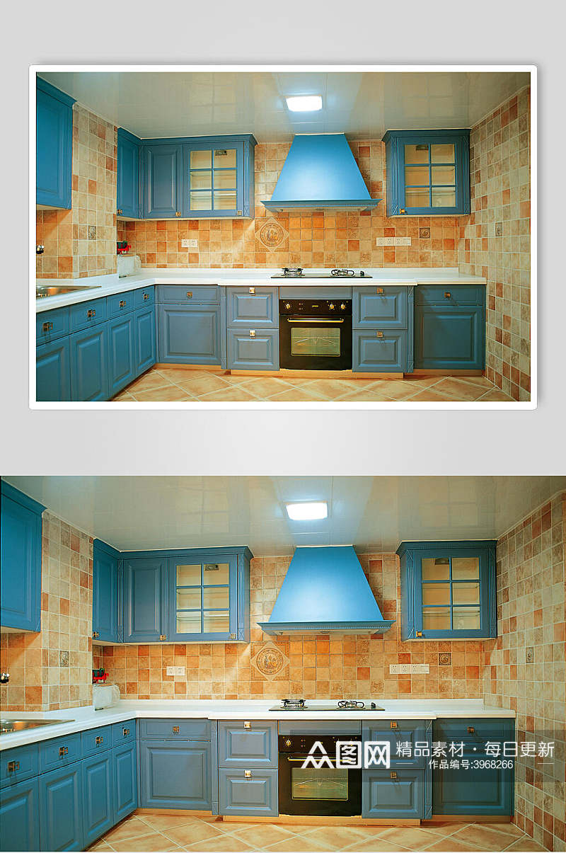 蓝色柜子吊顶藏灯厨房装修图片素材
