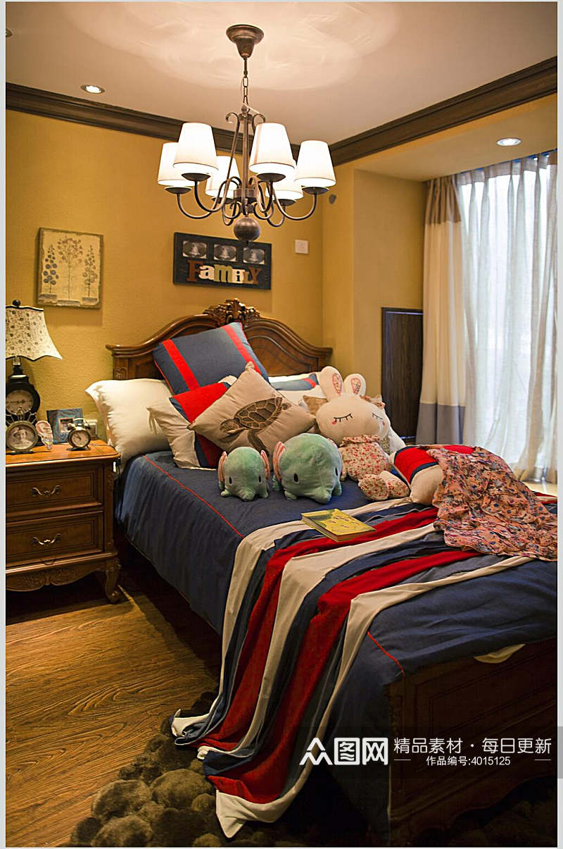 暖黄色墙面蓝色床单儿童房美式二居室图片素材