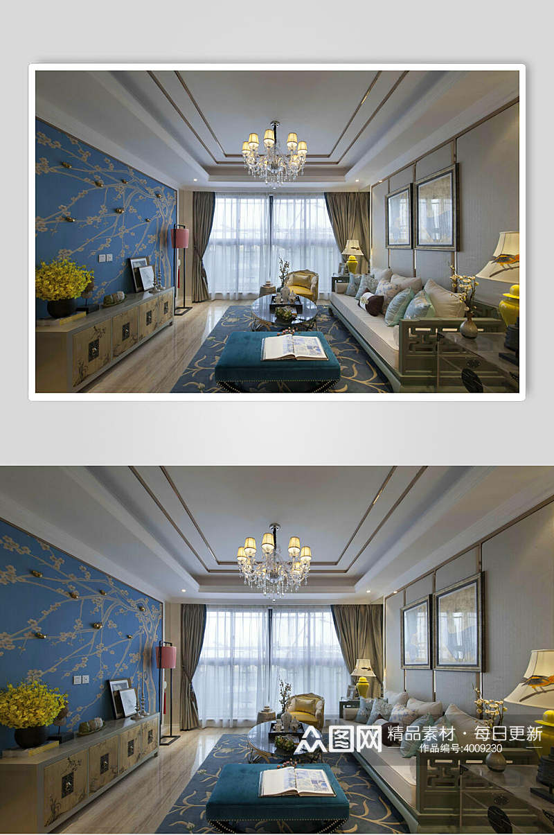 蓝色墙毯新中式二居室图片素材