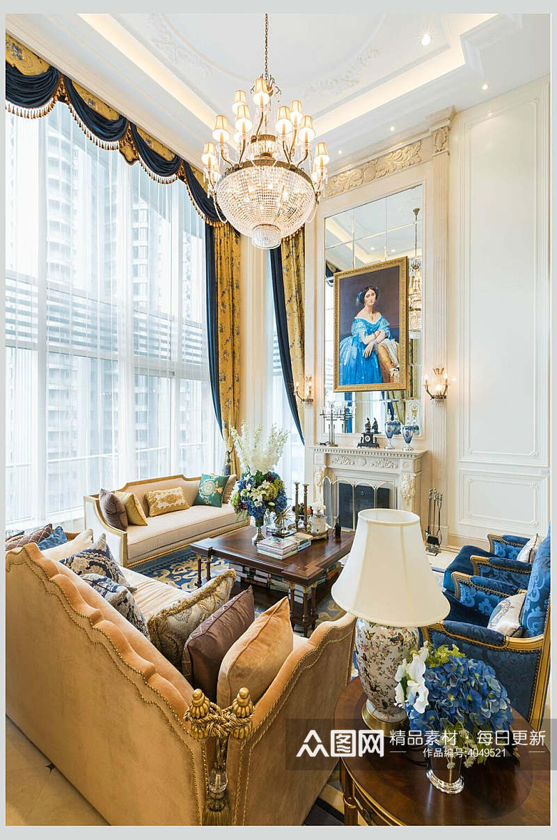 美式黄色蓝色布艺沙发欧式别墅图片素材