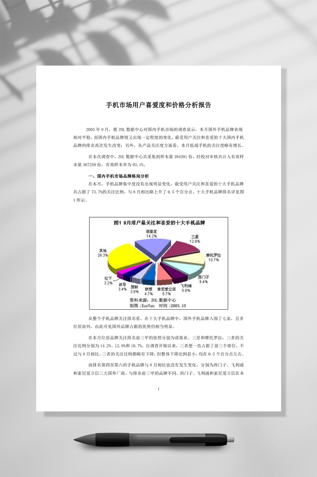 手机市场用户喜爱度和价格分析报告WORD素材
