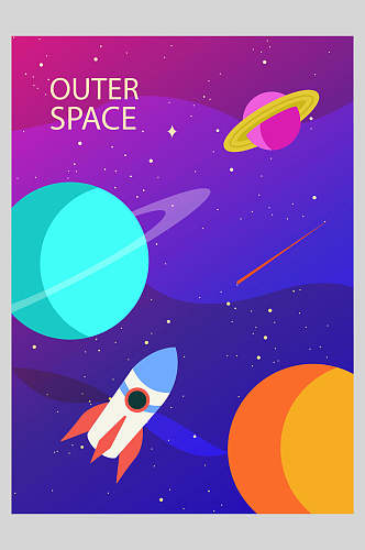 火箭星系卡通手绘宇宙矢量插画海报