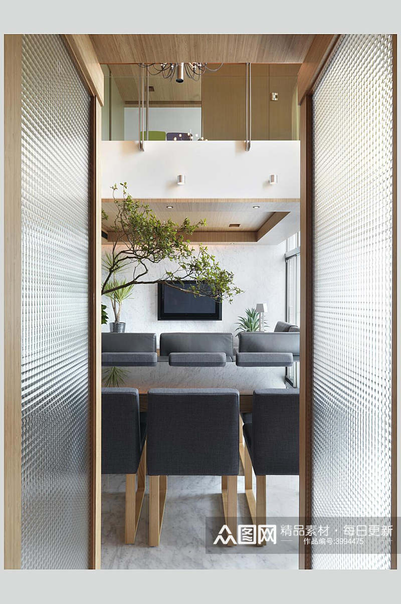 时尚植物桌椅复式跃层室内设计图片素材