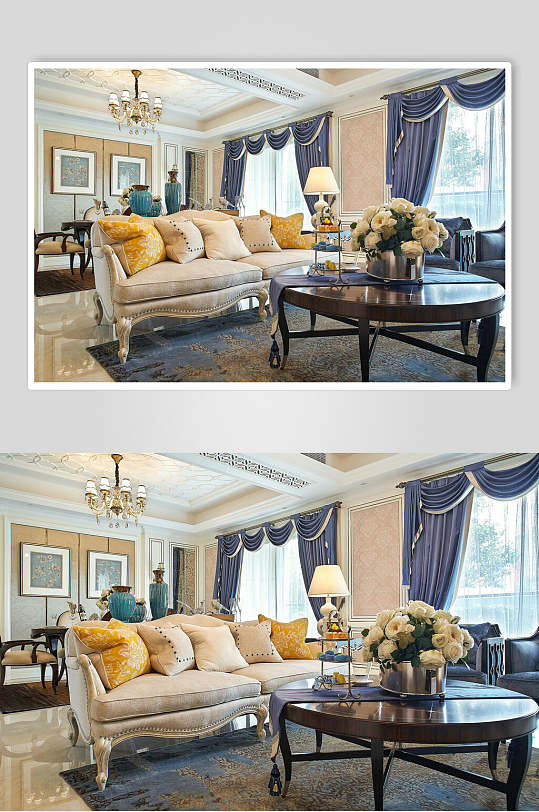 蓝色窗帘白色沙发简欧风大户型图片