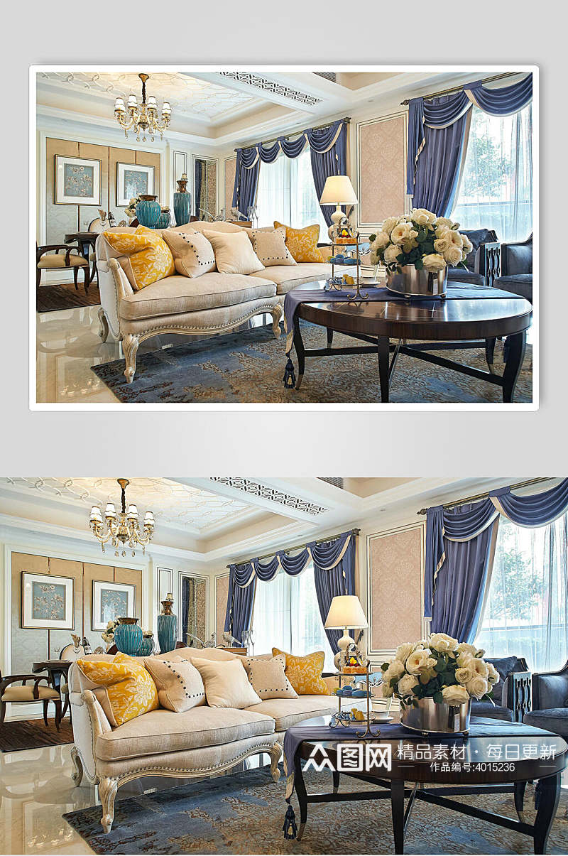 蓝色窗帘白色沙发简欧风大户型图片素材