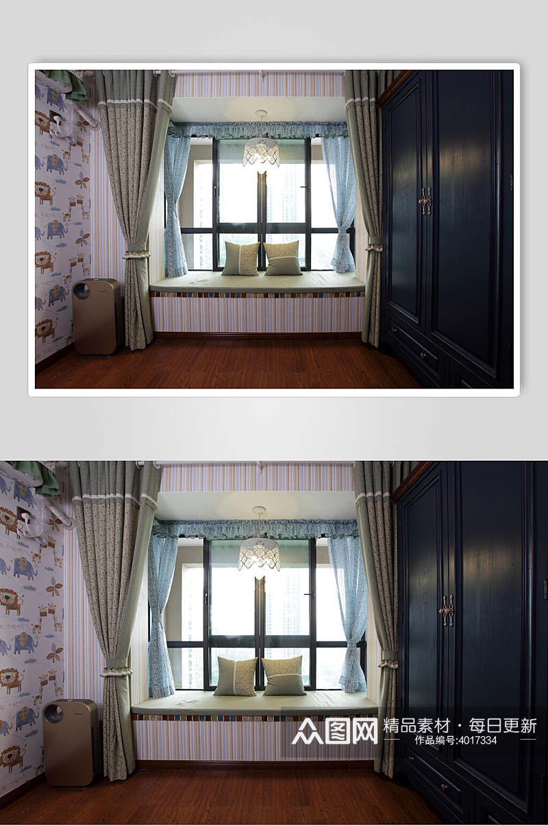 蓝色飘窗简约美式二居室图片素材