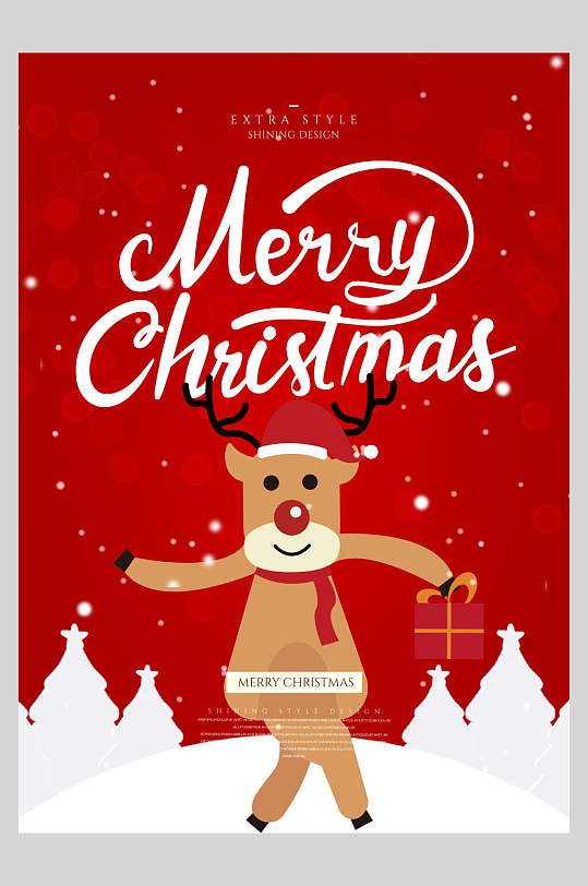 红色雪花麋鹿圣诞节插画海报