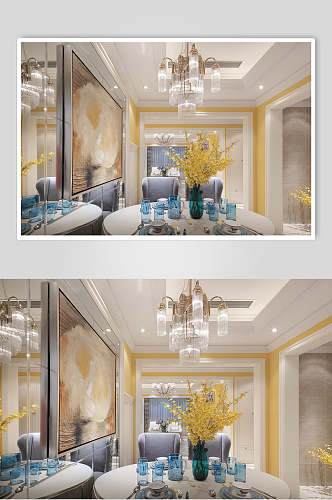 餐厅黄白色墙面美式三居图片