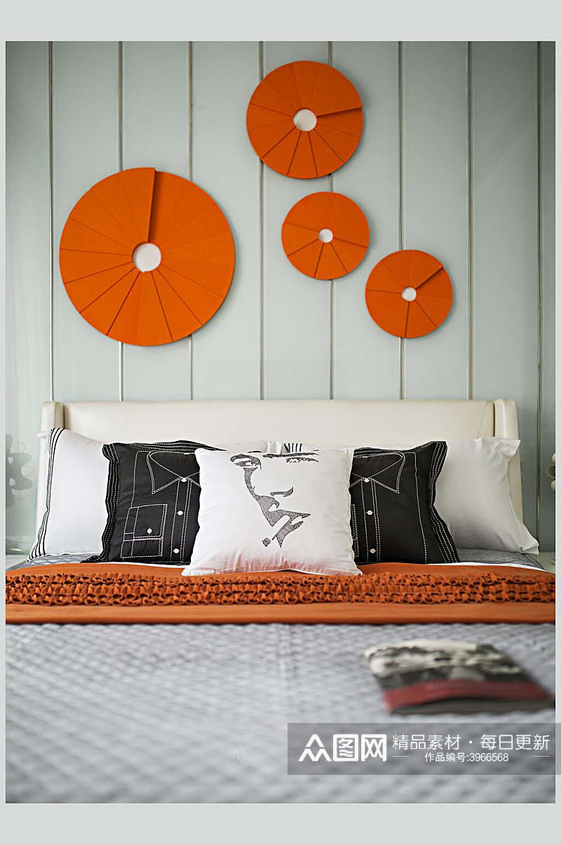 简约枕头墙饰手绘卧室家装设计图片素材