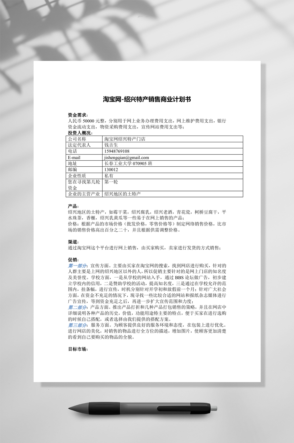 淘宝网绍兴特产销售商业计划书WORD素材