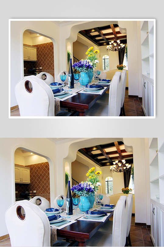 高端创意花瓶餐具木桌餐厅装修图片